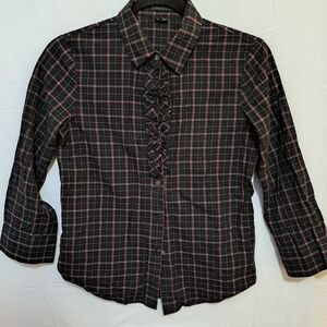 Theory Womens Black Red Plaid Ruffle Front 3/4 Sleeve Button Down Blouse Size S